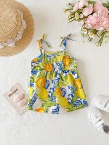 SHEIN Newborn Baby Girl Cute Summer Casual Fruit Print Strapless Romper - Yellow - View 2