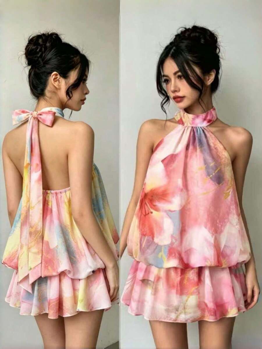 Tween Girl Floral Print Ruffle Hem Halter Neck Vacation Dress - Multicolor - View 1