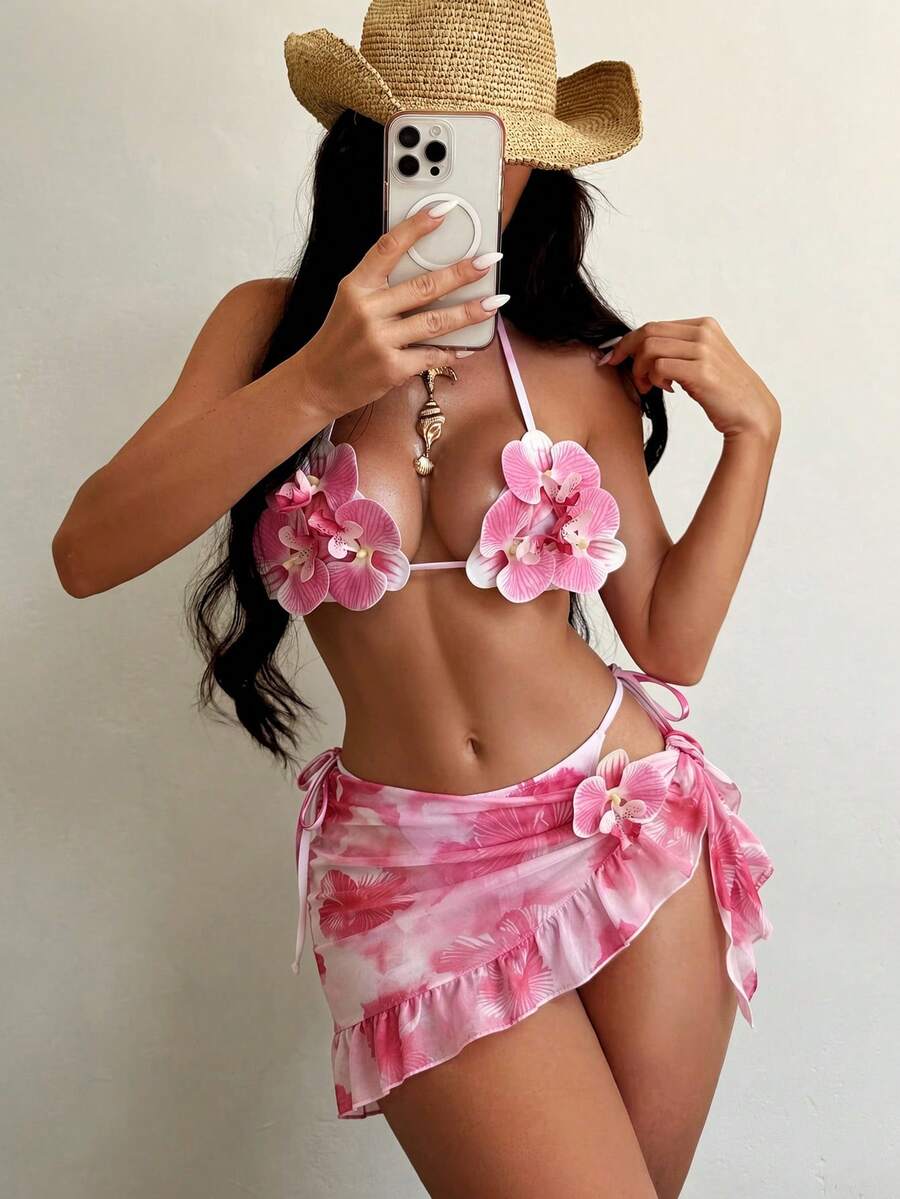 SirithBộbikini3mónthờitrangmớihọatiếtin3Dhoalan,áocổyếm,quầntamgiácbuộcdây,chânváyminilướibèonhúnchođibiểnnghỉdưỡng(cánhhoatháorời,hoangẫunhiên)