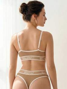 Liftille 2pcs/Set Contrast Color Patchwork Letter Print Casual Lingerie Set - Mocha Brown - View 2
