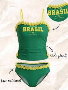 SHEIN Girlism Kids Teen Girl Teen Girls Beachwear Tankinis Spring Summer Colorblock Bikini Brazilian Print 2pcs Set Swimwear Beach Vacation Swimsuit - Multicolor - View 1