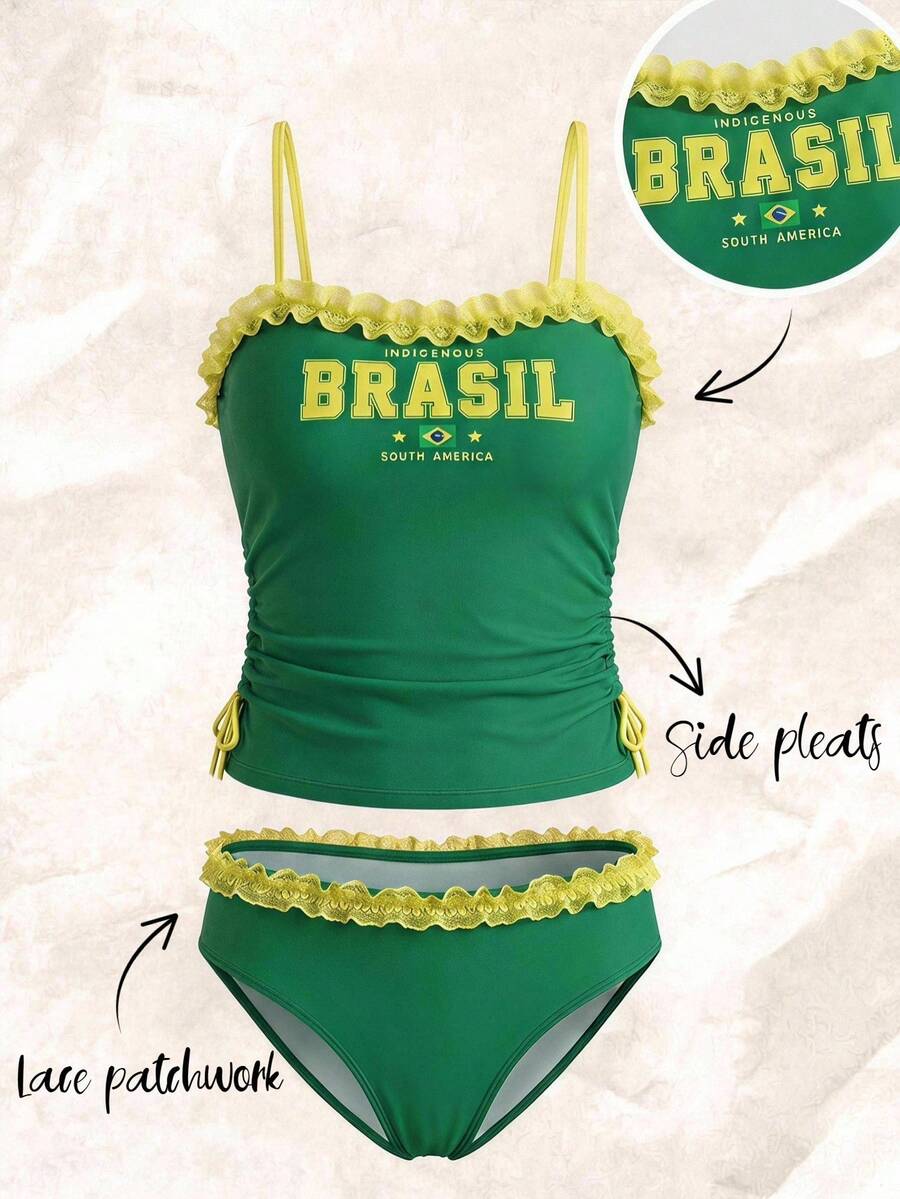 SHEIN Girlism Kids Teen Girl Teen Girls Beachwear Tankinis Spring Summer Colorblock Bikini Brazilian Print 2pcs Set Swimwear Beach Vacation Swimsuit - Multicolor - View 1