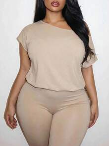 Slaydiva Spring/Summer Style School Sports Beach Casual Khaki One-Shoulder Loose Short-Sleeved T-Shirt Paired With Cycling Capri Pants Plus Size Women's Set - Khaki - View 6
