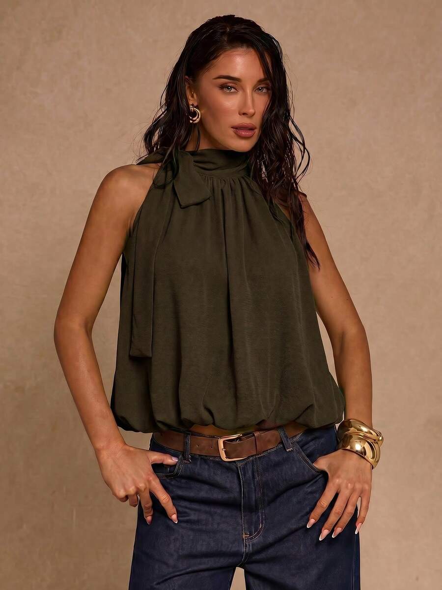 SHEIN Glamour 女款素色百褶掛脖休閒百搭日常外出上衣 - 綠色 - 查看 1