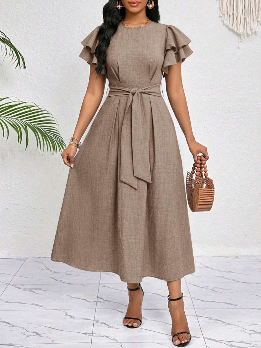 SHEIN Lady 女款素色圓領荷葉邊短袖腰部打結優雅中長洋裝