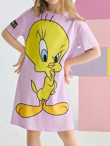 LOONEY TUNES X SHEIN Tween Girl Cartoon Tweety Bird Print Yellow Casual Versatile Short Sleeve Dress - Purple - View 4