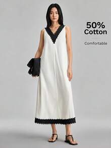Ontre 2026SS New Summer Women Black And White V-Neck Lace Trim Dress, Elegant Graduation/Vacation/Beach Vacation/Music Festival Dress For Ladies - White - View 2