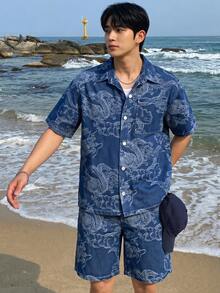 DAZY Floral Jacquard Design Short Sleeve Shirt Paired With Shorts Denim Suit For Men Summer - Blue - View 8