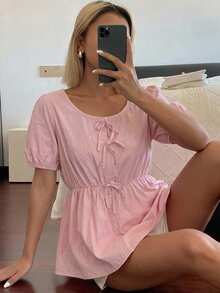 DAZY 女款圓領蝴蝶結寬鬆休閒襯衫 度假夏季款 - 粉色 - 查看 4