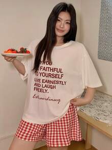 Dazy Plus 大码女式字母印花宽松短袖上衣和格子短裤休闲睡衣套装，春夏款 - 白色 - 查看 5