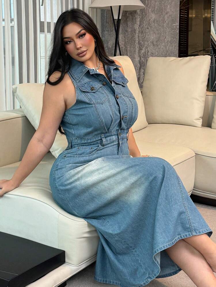 Dazy Plus Plus Size Women's Sleeveless Denim Dress, Casual Crinkle Pocket Design, Sexy Wrap Style, Spring/Summer