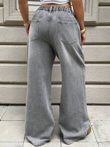 Dazy Plus Full Print Rhinestone Embellished Casual Loose Straight Leg Plus Size Women Jeans, Spring/Summer - Grey - View 8