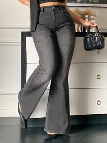Dazy Plus Plus Size Washed Black Distressed Elastic Fitted Sequin Decor Flare Leg Jeans - Grey - View 5