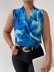 Elenzga Spring Summer Autumn Fashion Commuter Elegant V-Neck Ruffle Collar Sleeveless Navy Blue Plus Size Blouse Formal Office - Green - View 3