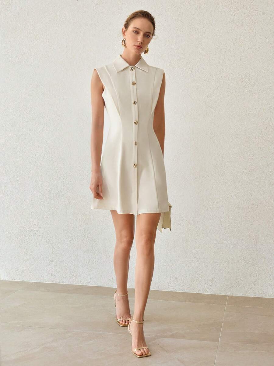 MOTF PREMIUM WOMEN'S SOLID COLOR BUCKLE DECOR SLEEVELESS COMMUTER WHITE SHORT DRESS - Apricot - View 2