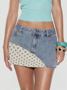 MUSERA Low Waist Distressed Hem Patchwork Detailing Denim Mini Skirt Summer Holiday Festival Cute Going Out Vacation Feminine Girly Y2k Bad Timing - Light Wash - View 3