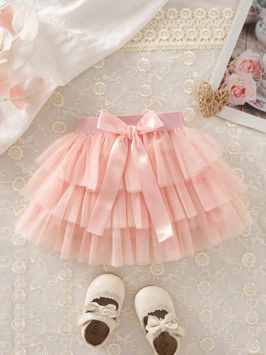 SHEIN Elladie kids 女婴玫瑰红色网眼喇叭中长裙、派对礼服、节日道具、拍照配件 - 淺粉色 - 查看 1
