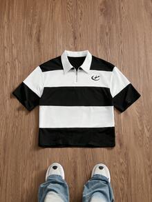 SWAVVY Men's Summer Casual Loose Fit POLO Shirt Standard Size Black And White Color Block Patchwork Half-Zip Embroidered - Black and White - View 3