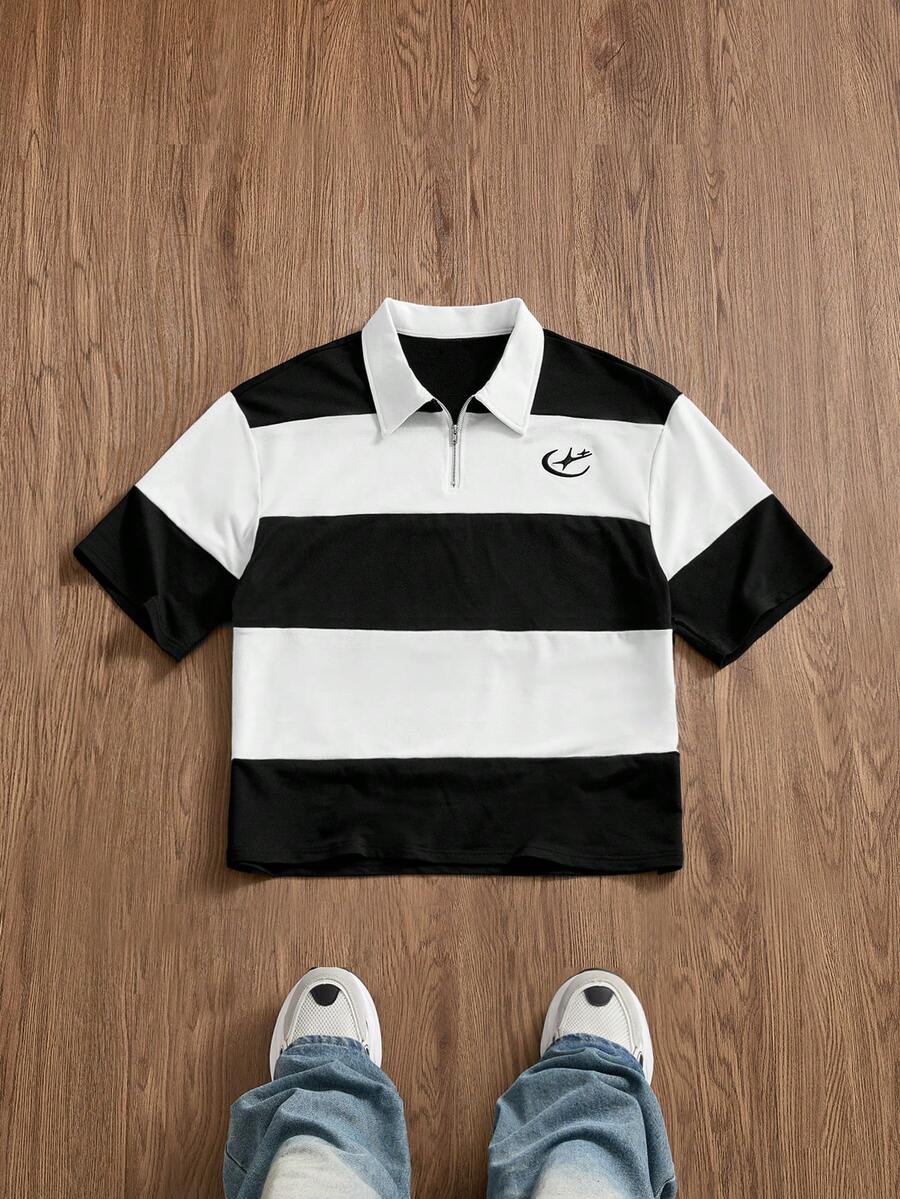 SWAVVY 男士夏季休閒寬鬆版型POLO衫 標準尺寸 黑白配色拼接半拉鍊刺繡 - 黑與白 - 查看 1