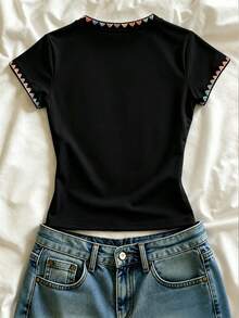 IslaSuriya Women's Colorful Embroidered Floral Round Neck Casual Versatile Short Sleeve T-Shirt - Black - View 2