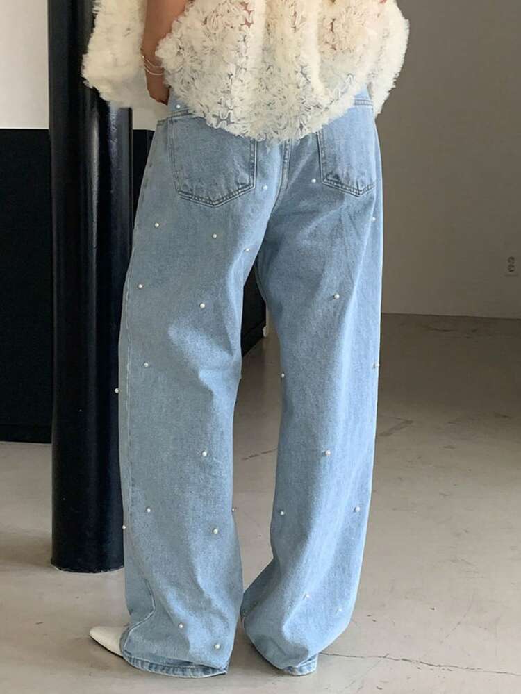 Women's Waist Design Pearl Decor Casual Loose Straight Leg Jeans