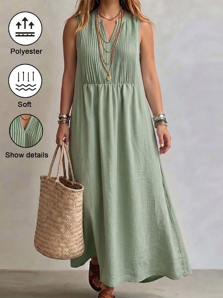 SHEIN LUNE CURVE Plus Size Women's Solid Color Notch V-Neck Casual Sleeveless Dress - Green - View 1