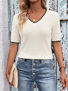 SHEIN Clasi Contrast Color Knit Elegant Daily Top - Black and White - View 3