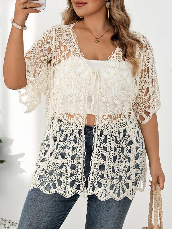 SHEIN CURVE+ Áo cardigan nữ size lớn màu trơn thắt nơ trước, phong cách thường ngày đa năng cho đi chơi hàng ngày