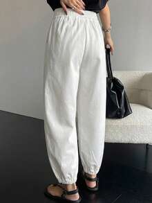 DAZY Women's Solid Color Elastic Waist Business Casual Long Pants - White - View 5