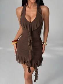 SHEIN PETITE Women's Elegant Sexy Solid Color Ruffle Backless Mini Halter Dress Summer Outfits Beach Night Out Date Night Vacation Boho Dark Brown - Brown - View 3