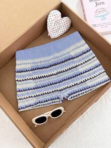 Elamini Women's Versatile Gradient Blue And White Stripe Mini Knit Cute Tropical Vacation Sweater Pants Beach Vacation Summer - Blue - View 6