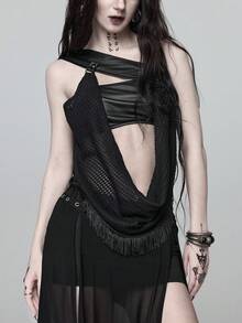 ROMWE Goth 垂領哥德風流蘇抹胸上衣 女款PU皮革金屬仿針織 性感辣妹風 - 黑色 - 查看 4
