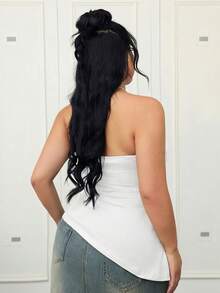 CovetEZ Plus Size White Pleated Shoulder Strap Elastic Knit Top - White - View 2