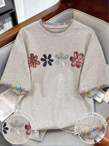 Franclia Women's Casual Versatile Colorful Shell Embroidered Floral Print Round Neck Short Sleeve T-Shirt - Multicolor - View 3