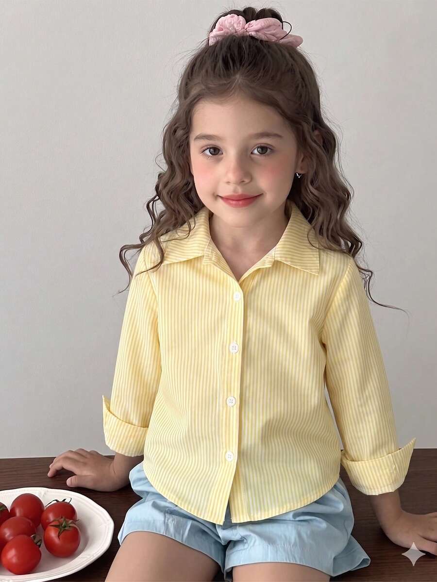 SHEIN Elladie kids 少女黃色條紋印花，清新輕盈設計，女童襯衫，領口長袖寬鬆休閒襯衫，活潑可愛簡約春秋休閒襯衫