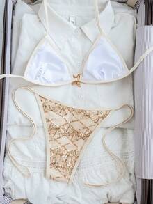 Bonvoyette 2件組 春夏掛脖式純色亮片性感比基尼泳衣 - 米色 - 查看 2