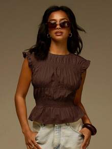 Athîral Blusa casual de mujer de color liso con cuello redondo y bajo plisado con volantes - Café integral - Ver 3