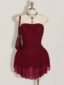 SHEIN ICON Vestido de malla plisado sin tirantes de unicolor para mujer talla grande - Burdeos - Ver 1