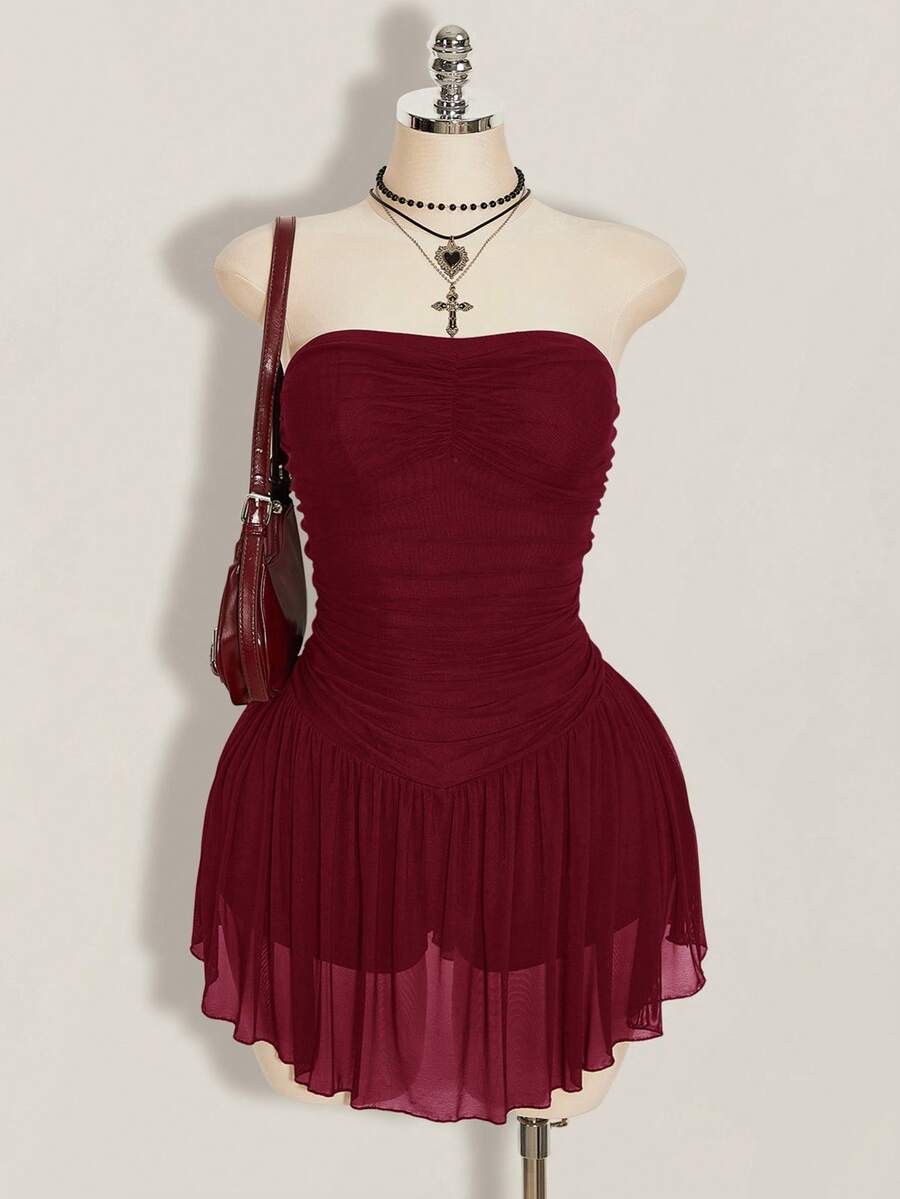 SHEIN ICON Vestido de malla plisado sin tirantes de unicolor para mujer talla grande - Burdeos - Ver 1