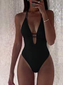 SHEIN Swim 2026新款素色紋理面料雙肩帶深V鏤空設計後綁繩美背露背夏季海灘休閒度假風女款一件式比基尼 - 黑色 - 查看 7