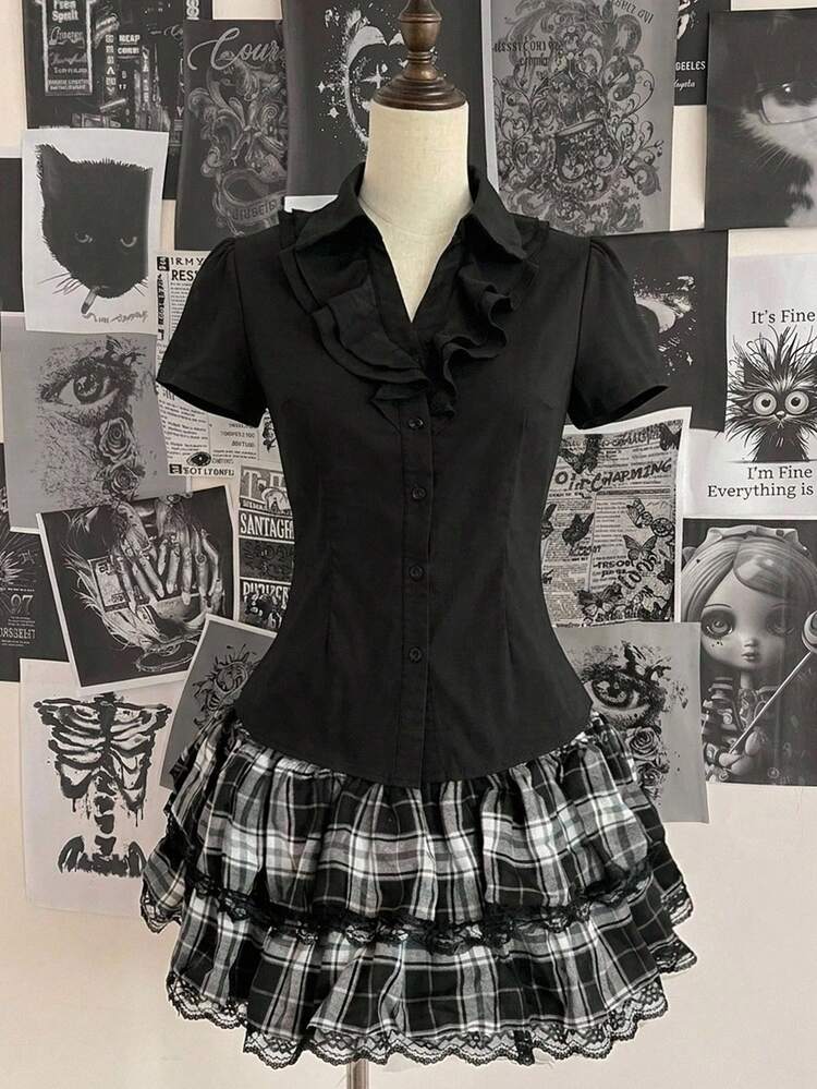 Attitoon 女款春夏荷葉邊飾V領修身剪裁襯衫，優雅短袖塑形上衣，適合商務休閒穿搭 - 黑色 - 查看 4