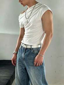 Manfinity Dauomo Men's Casual Solid Color Asymmetrical Collar T-Shirt - White - View 5
