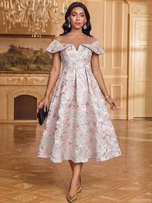 Fleurora Women's Jacquard Contrast Mesh Elegant Sexy Sequin Long Dress, Pastal Midi Off Shoulder Floral Pleated Wedding Golf Dinner Date Formal Beige Summer - Pink - View 8