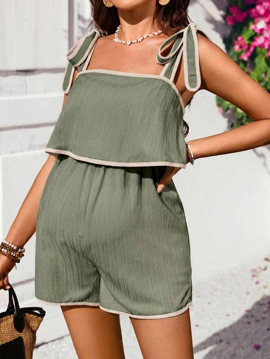 Lyckli Maternity Colorblock Shoulder Knot Casual Daily Outing Romper - Green - View 1