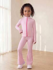 SHEIN Young Girls' Baby Pink Active Jacket Pants Set Side Contrast Color Design With Contrast Zipper High-Stretch Soft Fabric For Cycling Jogging Autumn - Pink - View 5