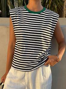 DAZY Women's Summer Casual Round Neck Contrast Color Striped Cap Sleeve T-Shirt - Black - View 3