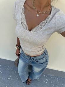 Lavishia Lace Patchwork Pleated Sexy Casual Blouse, Suitable For Summer,Summer Top Everyday Gray - Apricot - View 4