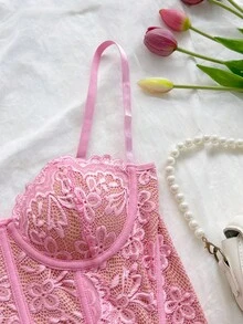 Soleia 女款度假藍白印花蕾絲飾邊胸衣背心上衣，附骨架支撐，修身版型，適用於派對、情人節、約會、下午茶、海灘、郵輪、嘉年華，春夏季 - 粉色 - 查看 6