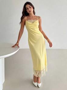 Modelyn Women's Spring/Summer New Lace Patchwork V-Neck Maxi Elegant Spaghetti Strap Vacation Dress Pale Yellow - Yellow - View 7