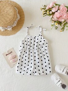 SHEIN 新生女嬰可愛夏季休閒波點圖案細肩帶連身褲 - 白色 - 查看 5